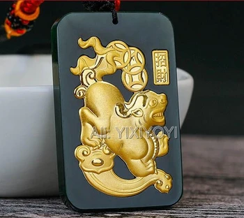 

Wonderful Natural Dark Hetian Jade + Solid Gold Chinese Wealth Blessing Coin PiXiu Pendant + Necklace Certificate Fine Jewelry