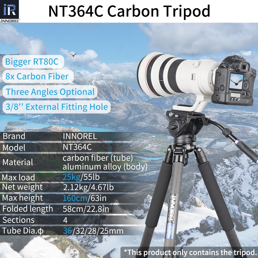 NT364C 전문 탄소 섬유 그릇 삼각대 DSLR 카메라 비디오 캠코더 헤비 듀티 25kg 최대로드 조류 관찰 카메라 스탠드