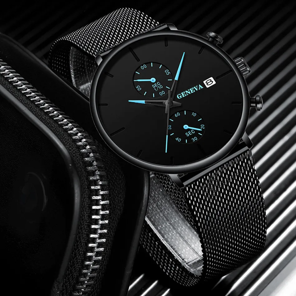 

Luxury Sport Watch Men Black Watches Geneva Full Steel Mesh Band Auto Date Quartz Wristwatches Relogio Masculino Reloj Hombre