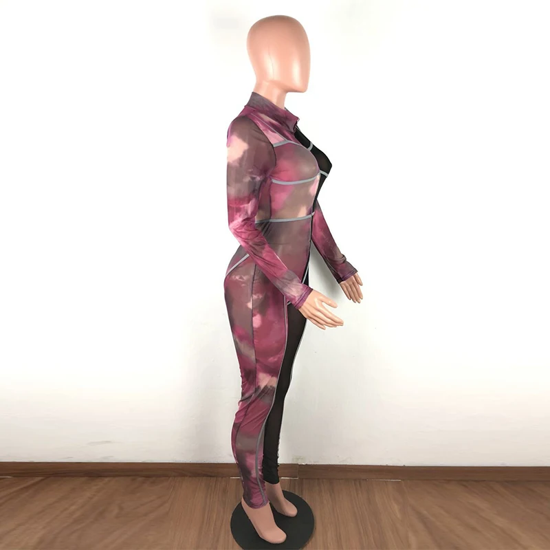 Красочные Tie Dye печати сексуальные комбинезоны для женщин Sheer Mesh сплайсированные прозрачные боди повседневное Водолазка с длинным рукавом Облегающий комбинезон