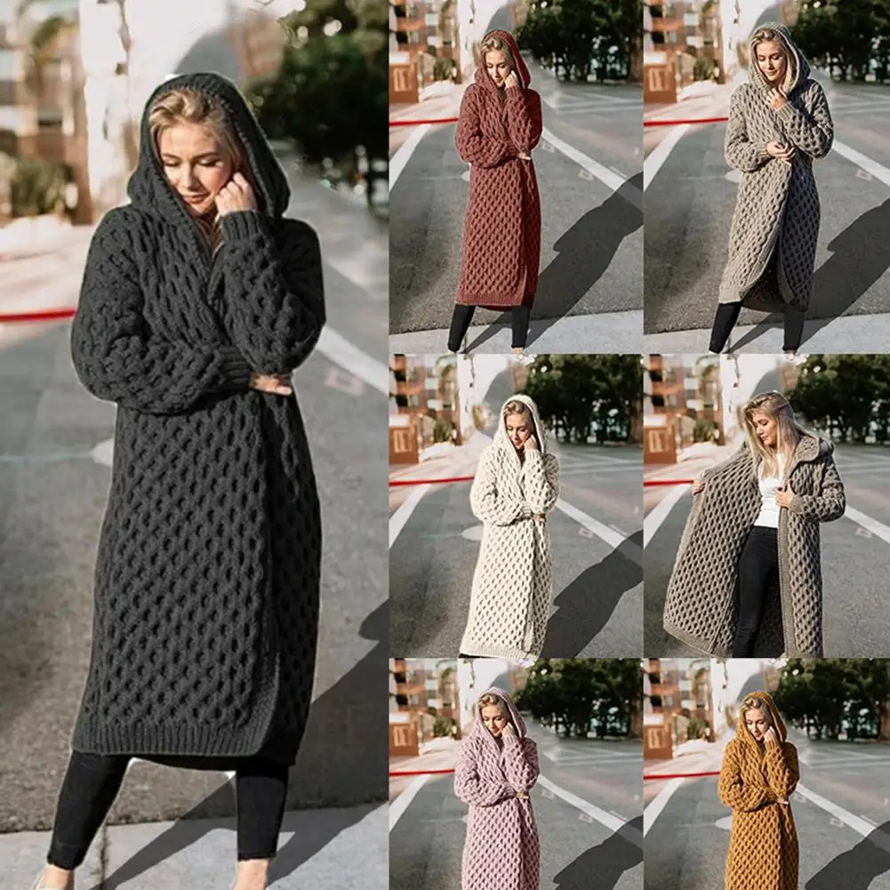 

Hot Solid Color Women Thicken Knitted Sweater Cardigan Winter Warm Long Hooded Coat