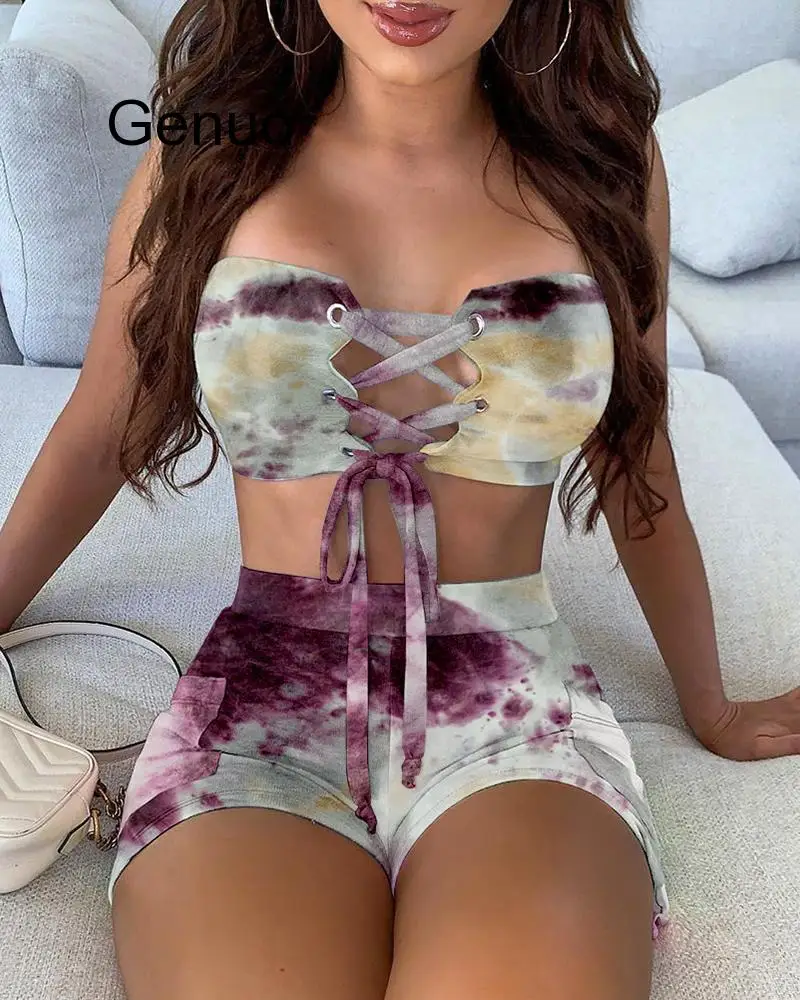 Women Biker Shorts 2 Piece Set Sexy Tie Dye Printed Lace-up Tube Top Shorts Suit 2020 Women's Summer Clothes Sets Club Outfits