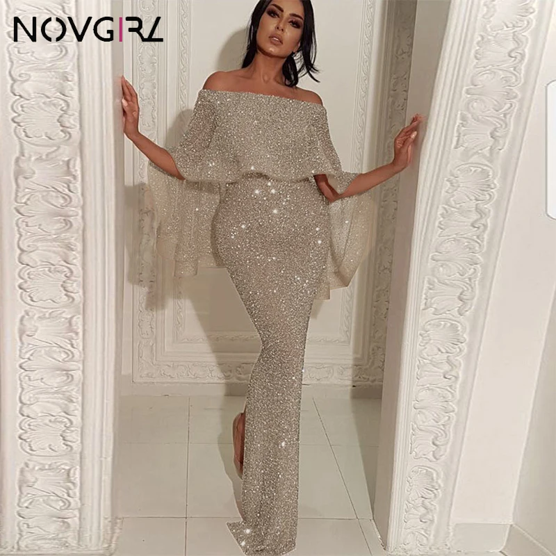 Novgirl/шикарное Макси-платье с люрексом и открытыми плечами; женское сексуальное облегающее платье без бретелек с оборками; вечерние платья золотистого цвета с длинными рукавами; Robe De Soiree - Цвет: Серебристый