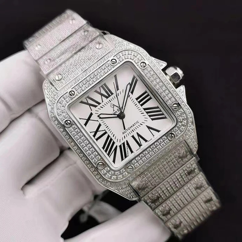 

Silver Iced out top quality watch White dial Full Diamonds Clasp Sapphire glass Automatic 1:1 with box and papers