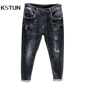 

Ripped Jeans for Men Skinny Jeans Men 2019 Autumn Gray Elasticity Embroidered Floral Distressed Patched Streetwear Biker Jeans