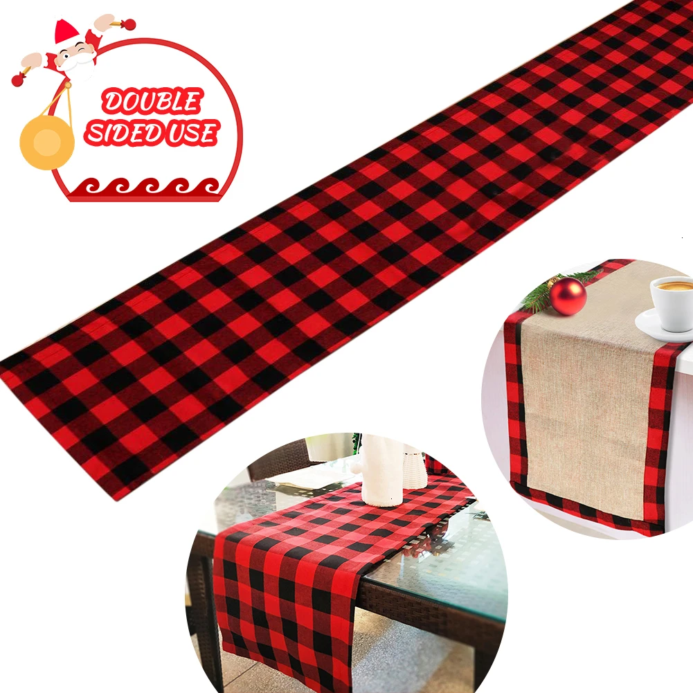 Table Runner Cotton Burlap Buffalo Check Double Sided Plaid Table Runner for Christmas Birthday Party Decoration 14x72inch