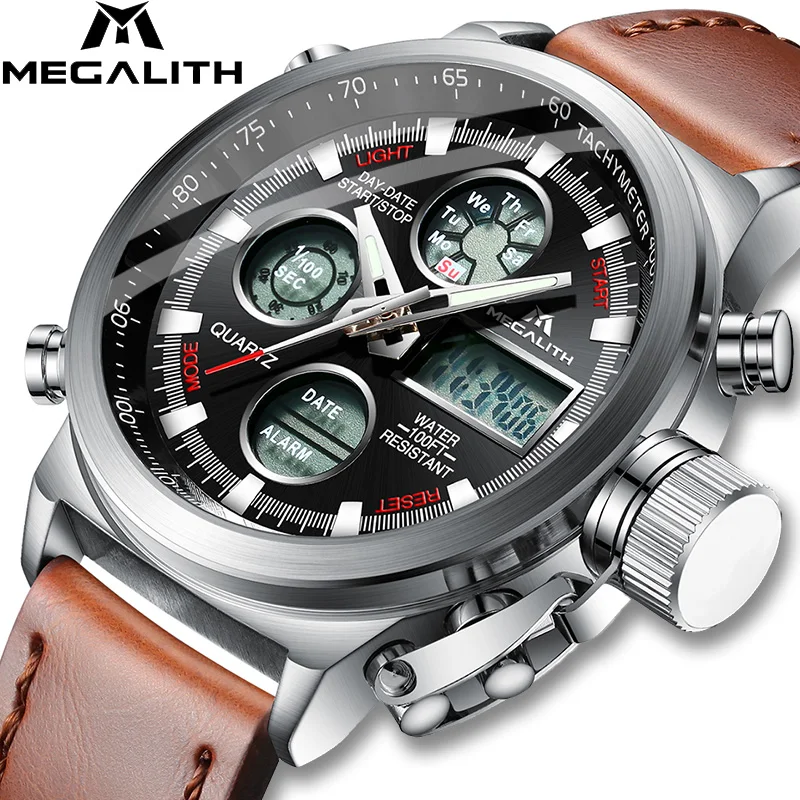 

MEGALITH Relojes Para Hombre 2019 LED Screen Dual Display Watch Quartz Sports Military Watch Leather Strap Chronograph Clock