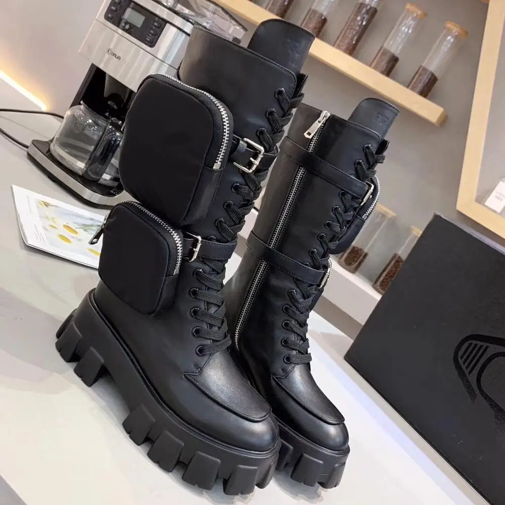 Compra 2020 botas cortas gruesas de media pantorrilla para mujer con  cremallera con bolsillo botas largas negras de diseñador de invierno botas  de motocicleta para mujer en la tienda en línea L