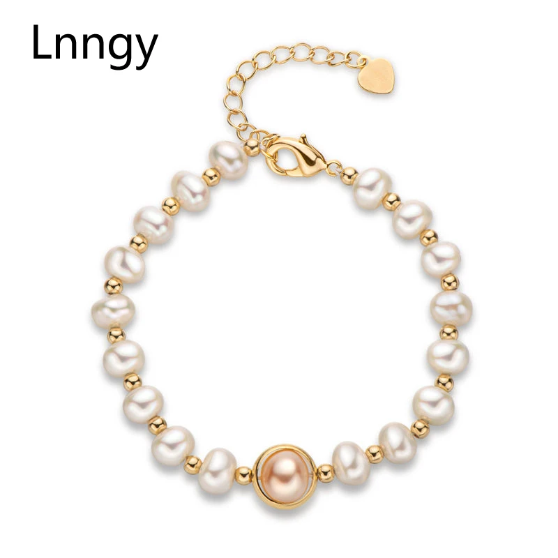 Lnngy-pulsera con abalorio de oro de 14K para mujer, pulsera con dije de perla de agua dulce Natural de 5,5-8mm, para fiesta de boda, regalo de joyería de perla ovalada