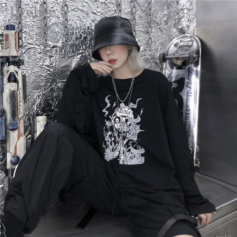 Lychee Harajuku, темное пламя, Череп, принт, женская футболка, свободная, вырез лодочкой, женские футболки, топы, футболки, осенние женские футболки, топы, футболки