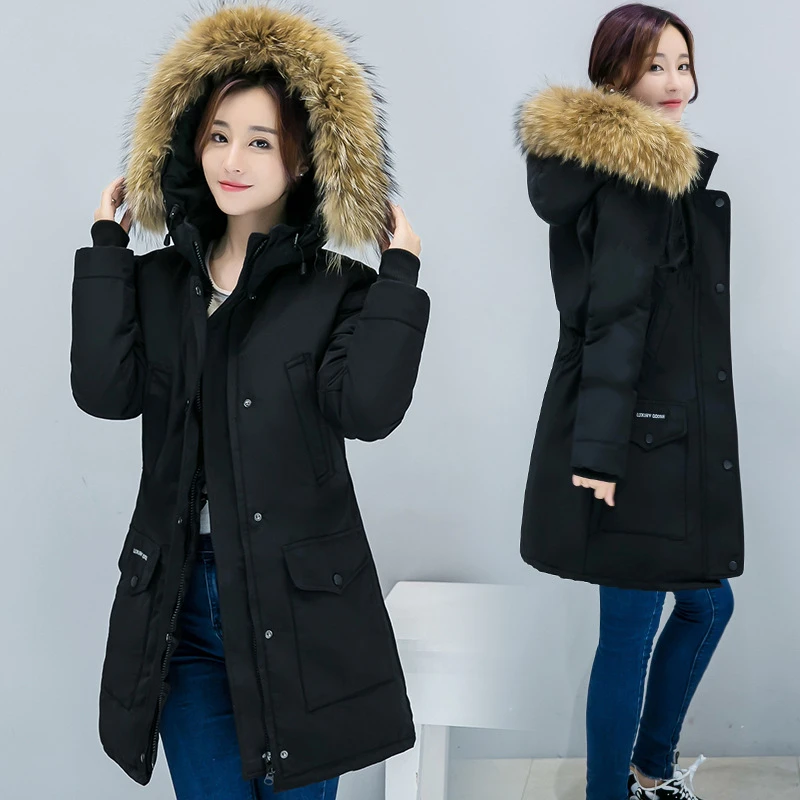 Модная парка женская зимняя куртка Осень корейский большой меховой воротник с капюшоном Длинная Куртка размера плюс тонкая теплая куртка с хлопковой подкладкой