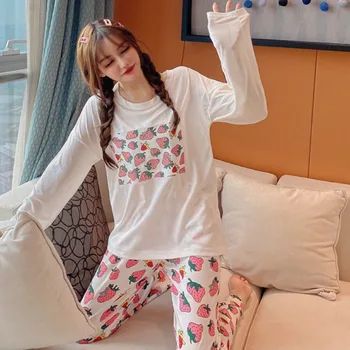 

Autumn Winter Pajamas Women Sweet Cute Strawberry Print Female Cotton Pyjamas Loose Pullover Top Pants Two Piece Home Sleepwear