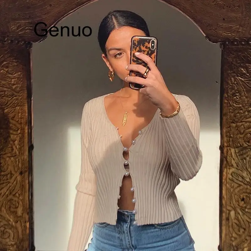 

Iamhotty Beading Zip-Up Knitted T Shirt Woman V-Neck Skin Color Autumn Tshirts Casual Tees Long Sleeve Tee Shirts Basic