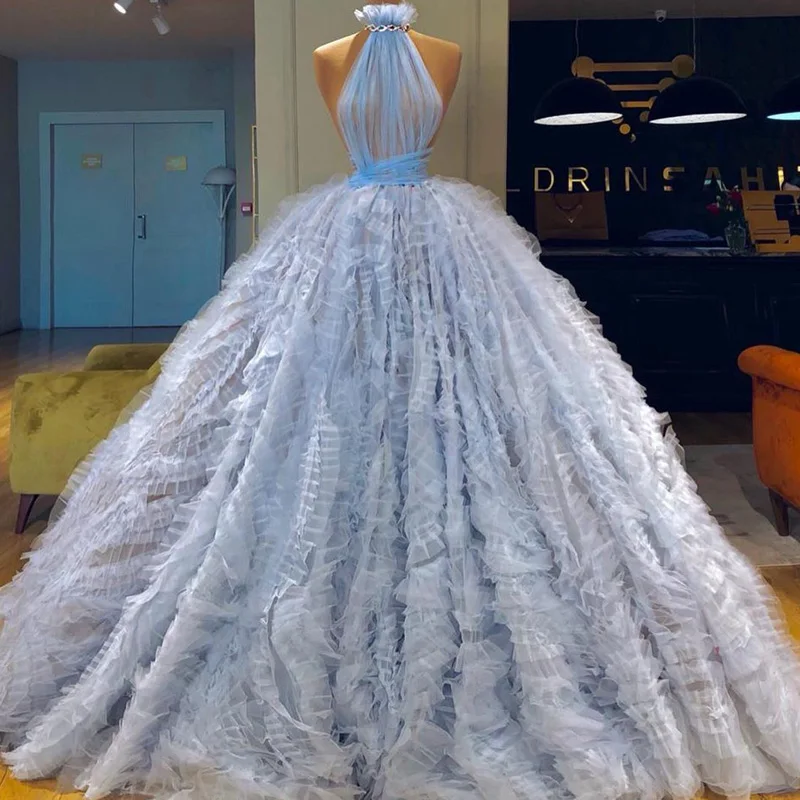 

Chic Light Blue Tiered Ruffles Prom Dresses Sheer High Neck Evening Dress Vintage Illusion Ball Gown Party Quinceanera Gowns