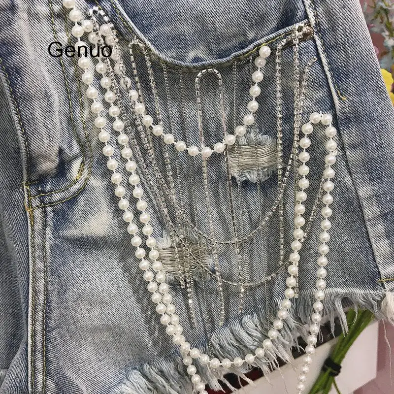 Women Rhinestone Pearls Tassels Beads High Waist Denim Shorts Female Casual Wide Leg Jeans Chic Wild Shorts 2020 Summer New