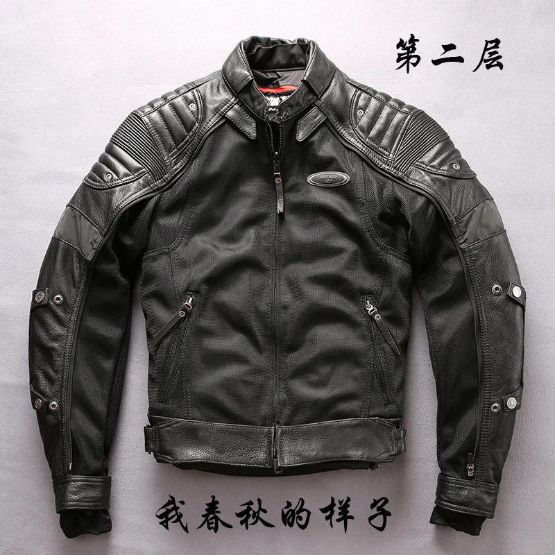 Новинка! фабричная Мужская Черная мотоциклетная кожаная куртка, модная, супер толстая, из воловьей кожи, 4 части, съемная подкладка, байкерские куртки