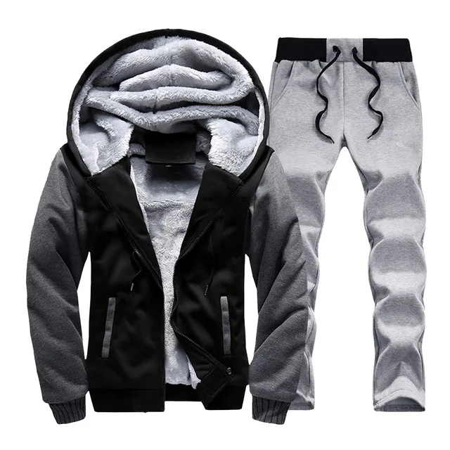 Мужской зимний флисовый спортивный костюм, теплый комплект из двух предметов, куртка с капюшоном, пальто на молнии+ штаны, эластичный плотный спортивный костюм,, мужская мода - Цвет: W02 Black K25O Grey