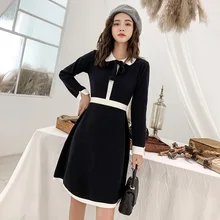 Дунгуань даланг шерсть осень и зима изящный Питер Пэн воротник высокой талией трапециевидной юбки Джерси платье женщин