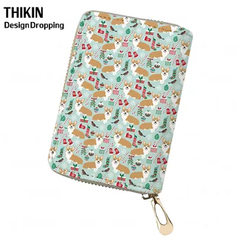 

THIKIN Student Girl School Card Holder for Bus Bank Xcute Christmas Corgi Dog Women Leather Cardholders PU Passport ID Case