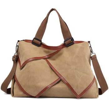 

Multi-Functional Patchwork Canvas Handbag Large Capacity Ladies Handbag Shoulder Bag Simple Style Travel Bag Light Brown