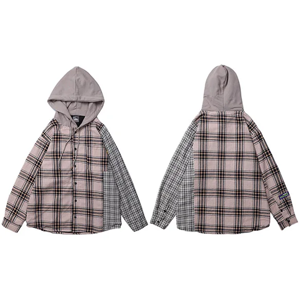 A42C003 Khaki Men Hip Hop Hooded Jacket Vintage Plaid Patchowrk Harajuku Jacket Hoodie Color Block Streetwear Jackets Retro Style Autumn - Цвет: A42C003 Khaki