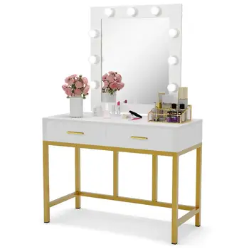 Tribesigns Vanity Table with Lighted Mirror, Makeup Vanity Dressing Table with 9 Lights and 2 Drawers for Women