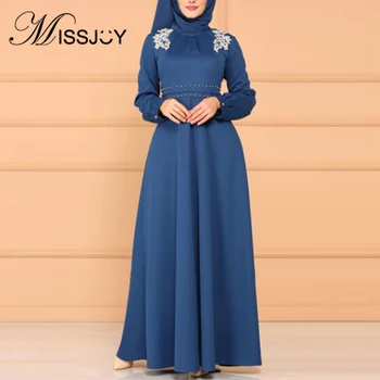 MISSJOY 2019 Muslim Women Dress Party Elegant Abaya High Waist Middle Eastern Long Sleeves Patch Turkish Kimono Islamic Clothing