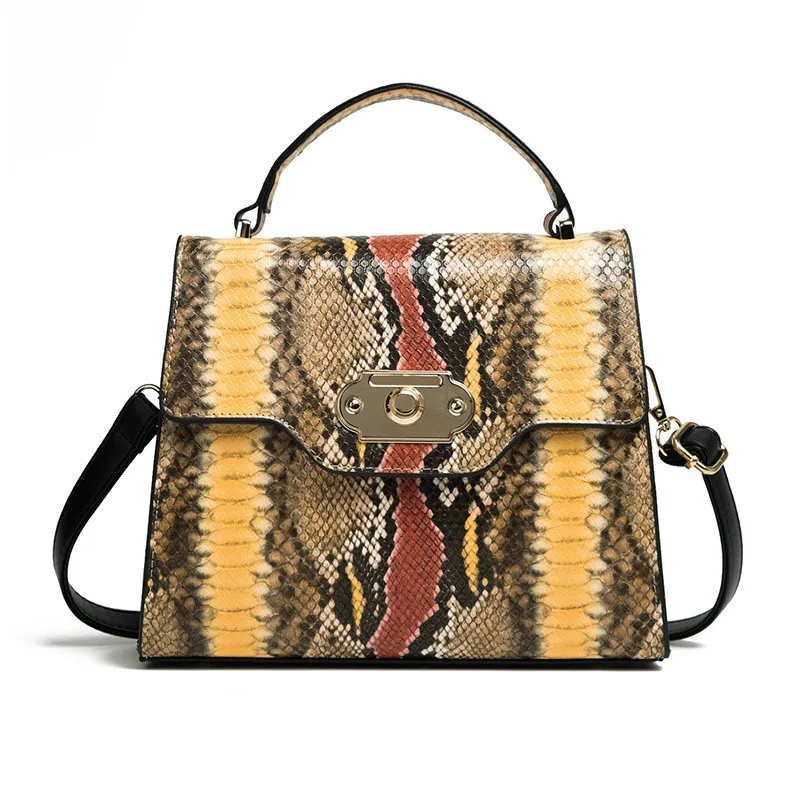 Модная винтажная Высококачественная дизайнерская разноцветная женская сумка из змеиной кожи, сумка через плечо, универсальный замок, маленькая квадратная сумка
