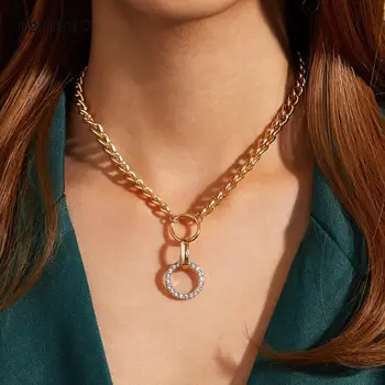 

IngeSight.Z Punk Double Round Circle Crystal Pendant Necklace Statement Curb Cuban Link Chain Choker Necklace for Women Jewelry