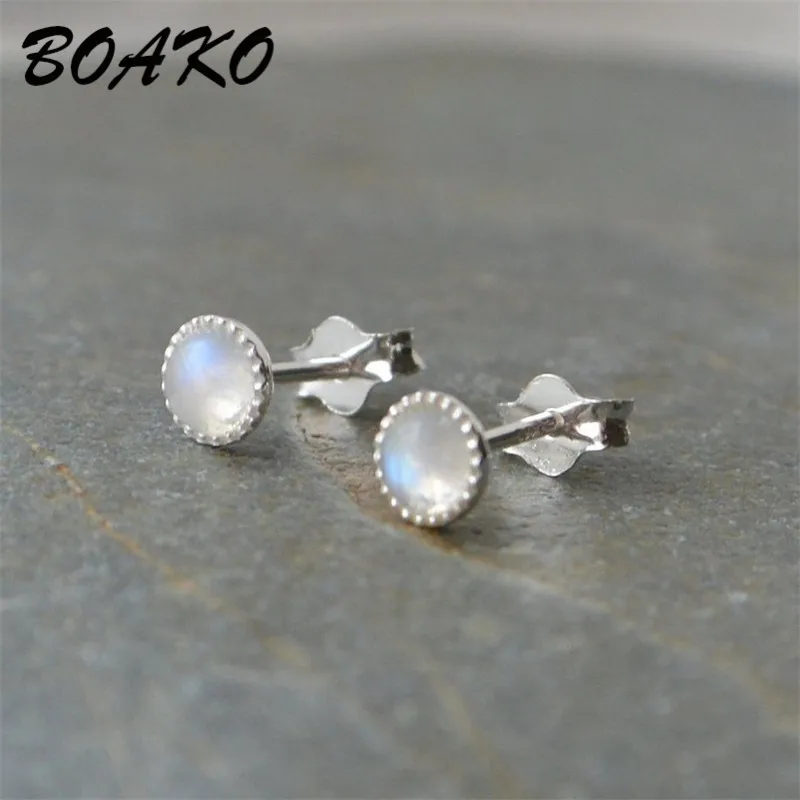 BOAKO, натуральный камень, лунный камень, серьги-гвоздики для женщин, женские винтажные Двойные серьги, круглые серьги, корейское ювелирное изделие, серьги