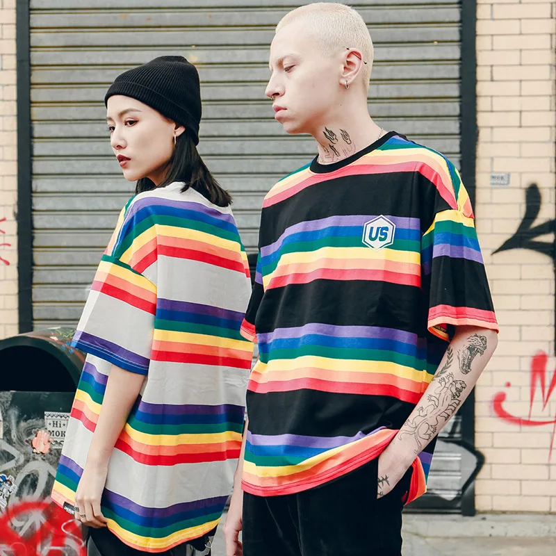 Для мужчин Хип-хоп Футболка Harajuku в радужную полоску футболка корейский стиль Ретро Уличная летняя Футболки из хлопчатобумажной ткани, раздел-футболки Модная одежда