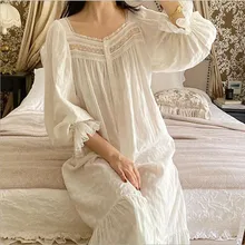 2021 Princess Vintage White Color Full Sleeves Nightgown Women Autumn Pure Cotton Long Night Dress Girls Soft Home Dress New