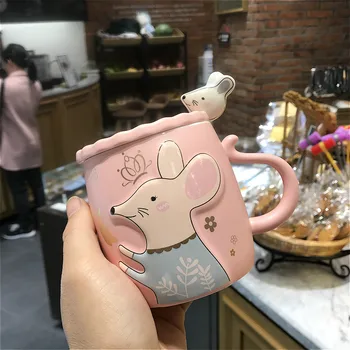 

Cute Mouse Design Ceramic Coffee Tea Cup Mug with Spoon and Wood Cover 1 Pcs Only