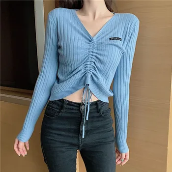 

Korean Sexy Slim Drawstring Sweater Tops Women Autumn V Neck Solid Color Thin Long Sleeve Knitted Pullover Sweater