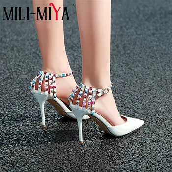 

MILI-MIYA Sexy Design Women Cow Leather Pumps Fashion Pointed Toe Super High Thin Heels Multicolor Rivet Buckle Strap Dress Shoe