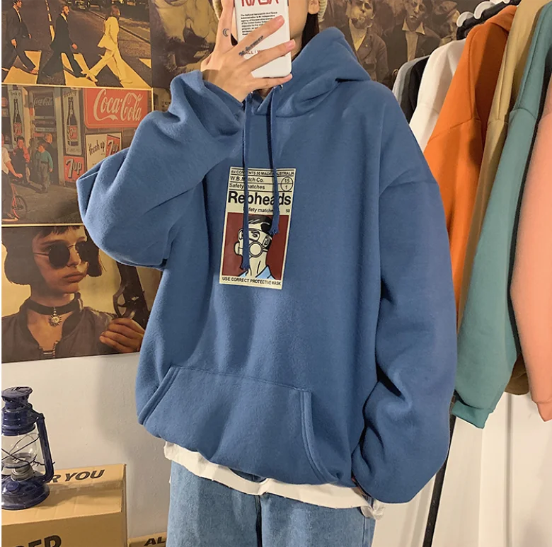 Blue Harajuku, Женская толстовка большого размера, Осень-зима, уличная одежда, флисовый пуловер с капюшоном, топы, модные хлопковые толстовки с длинным рукавом - Цвет: Blue