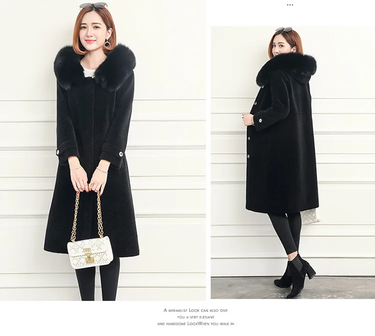 Tcyeek Women's Fur Coat Female Winter Jacket Women Natural Fox Fur Sheep Shearing Coats Long Warm Real Wool Jackets 00618