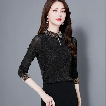 

COIGARSAM Patchwork Leopard blouse women New Mesh blusas womens tops and blouses Black 1263