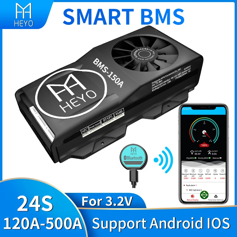 HEYO Smart LiFepo4 Lipo 24S 72V 120A 150A 200A 250A 300A 500A BMS Bluetooth UART RS485 CANbus с вентилятором для хранения
