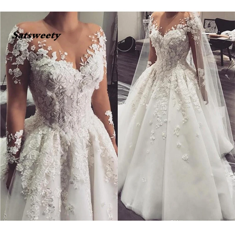 

Luxury Arabic A Line Wedding Dress Princess Robe De Mariee 3d Flowers Beaded Appliques Wedding Gowns For Bride With Sleeves