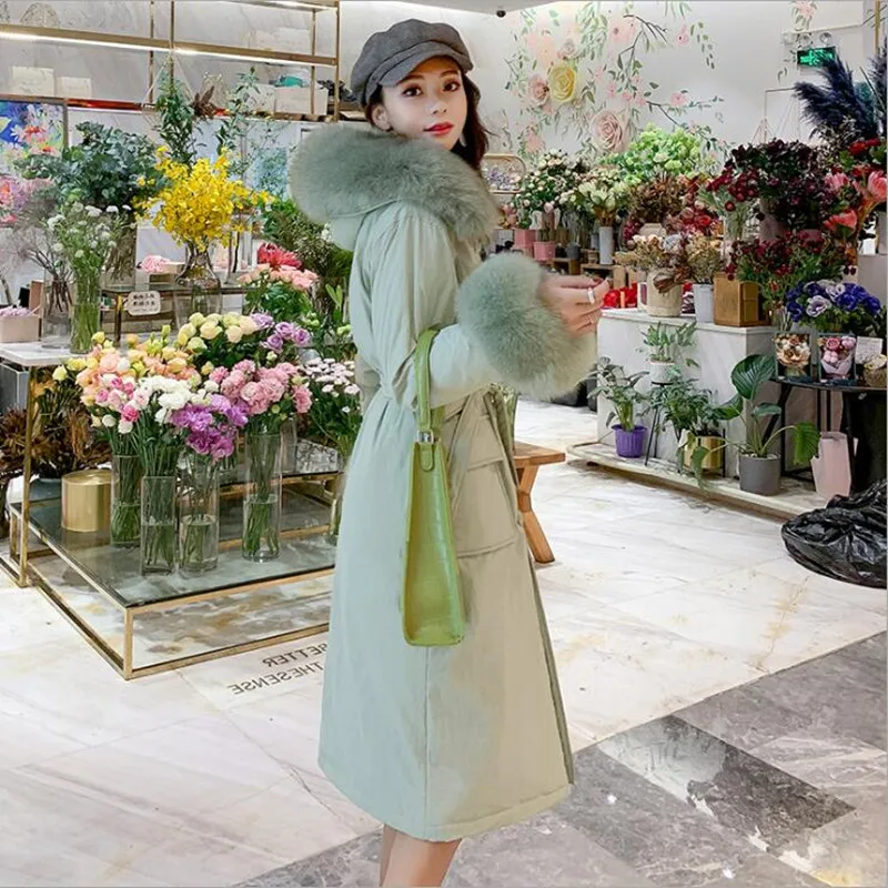 white duck down over the knee down jacket female winter long paragraph fox fur collar to send overcoat