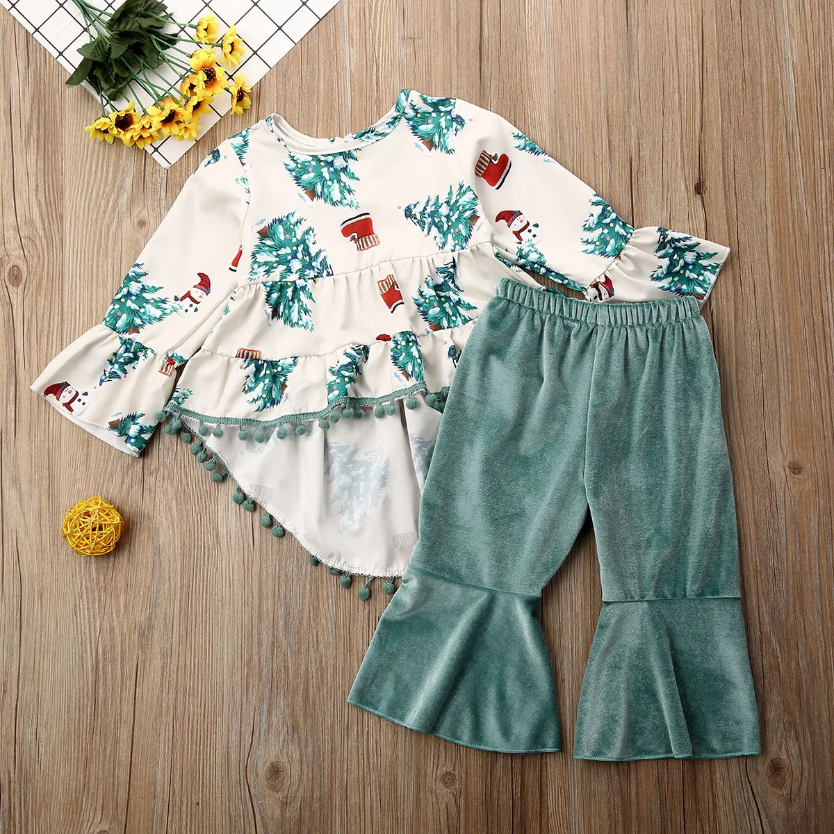 Комплект одежды из 2 предметов для маленьких девочек: футболка с оборками+ штаны-леггинсы