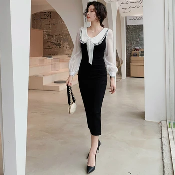 

2019 Autumn Winter Sweet Cute Dress for Ladies with Bow Contrast Sheath Black Dress Women Modis Streetwear Midi Dresses Women