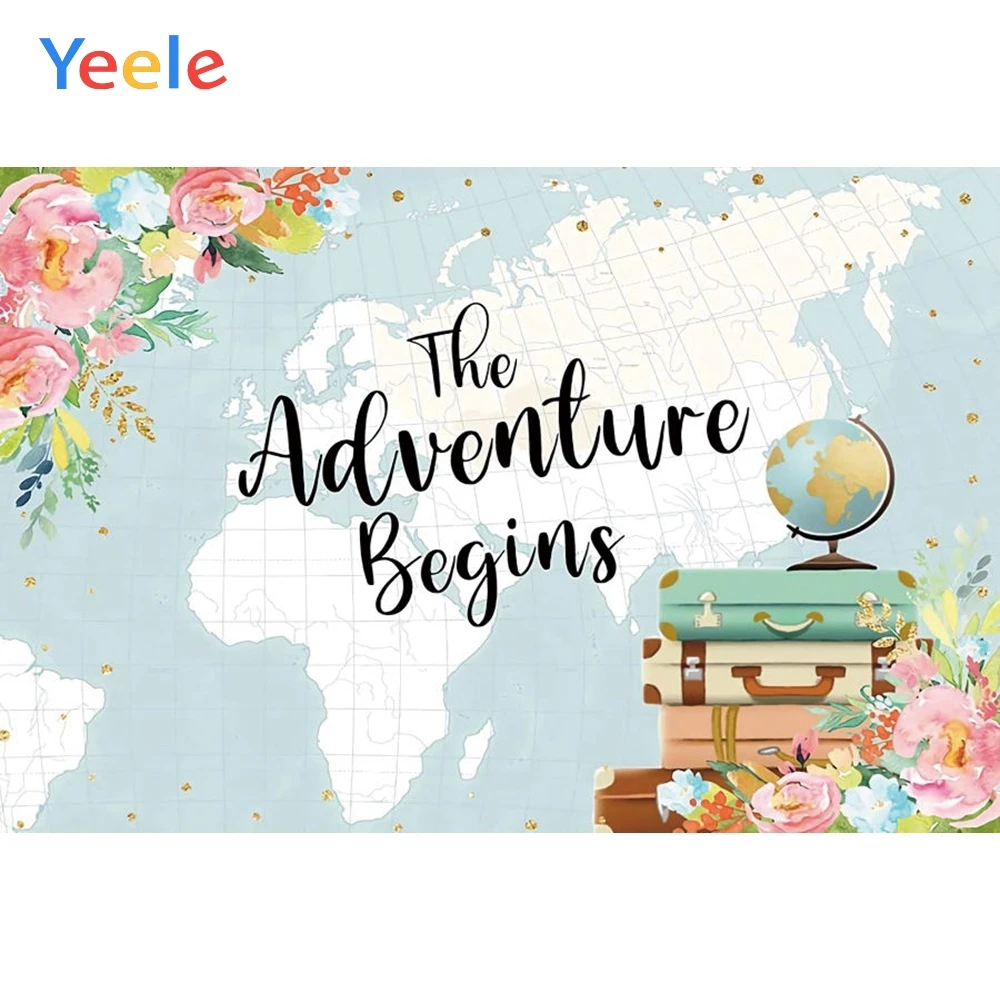 

Adventure World Map Globe Spring Flower Baby Boy Birthday Party Backdrop Photography Background For Photo Studio Photophone Prop