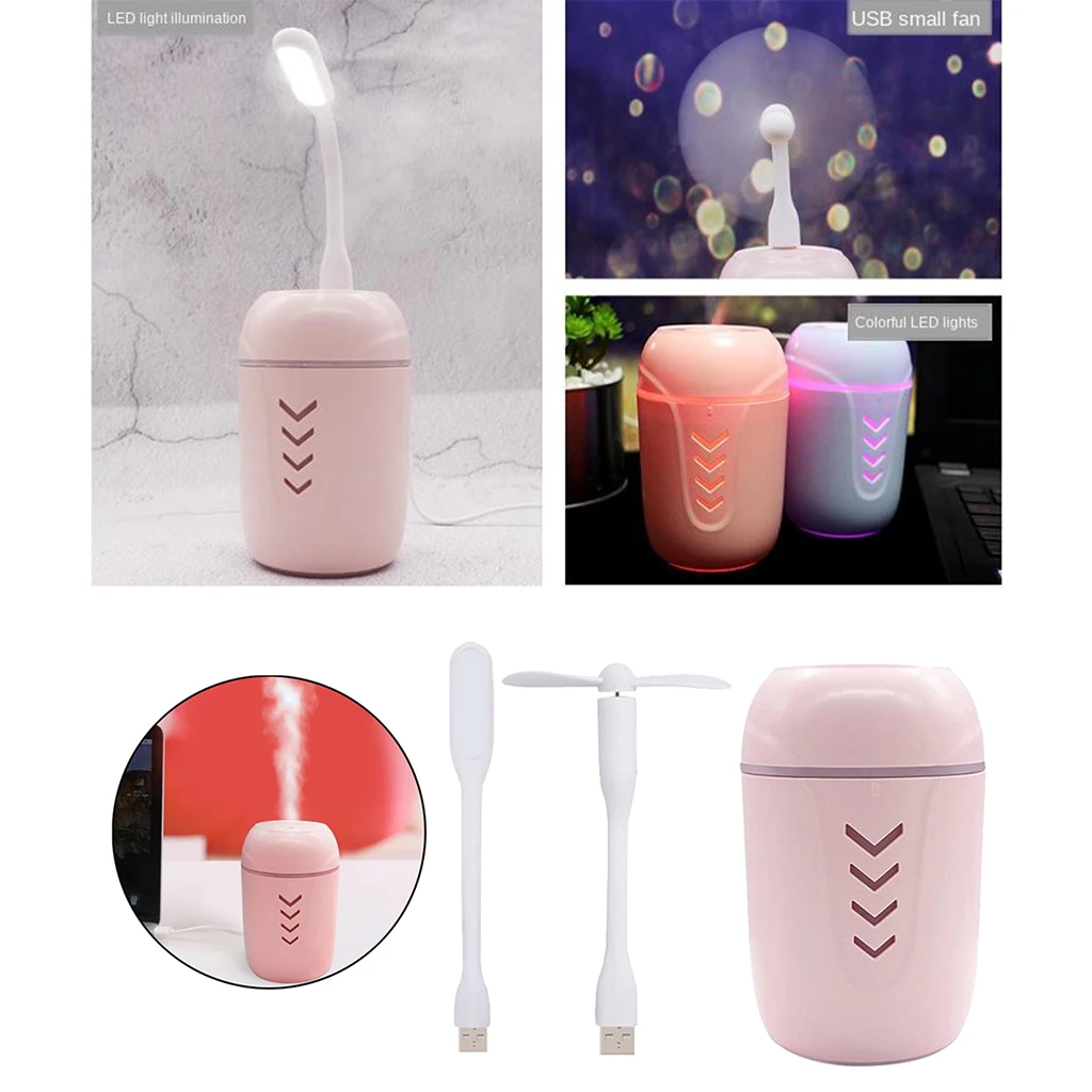 Portable Mini USB Humidifier, 200ml Low Noise  Humidifier with Colors Night Light and Mini Fan, USB Cable