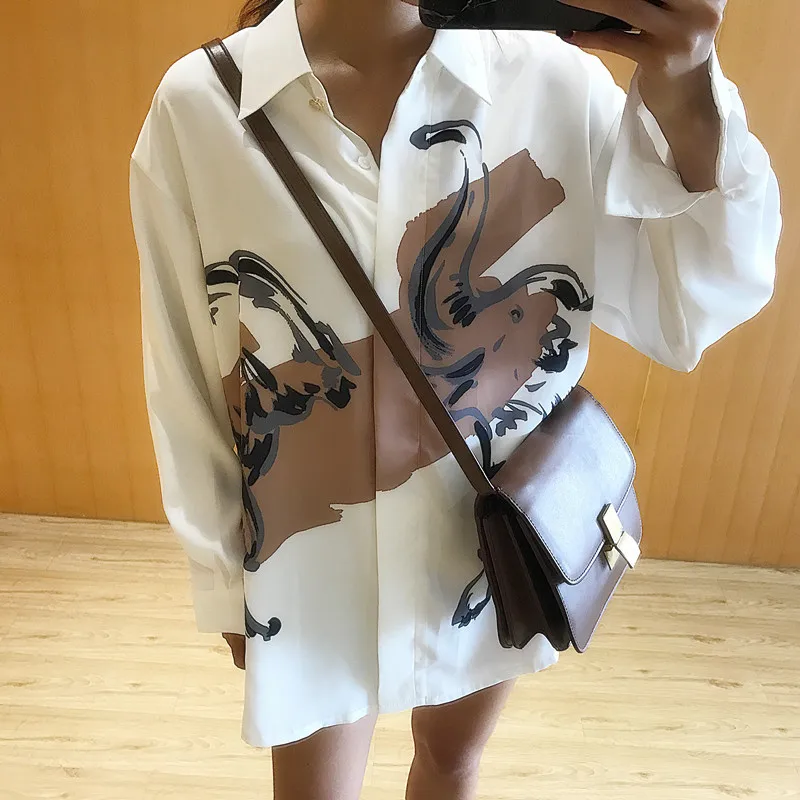 Ceny Woherb 2020 obszerna koszula z nadrukiem w stylu Vintage z długim rękawem bluzka damska moda Streetwear kobieta dorywczo luźna koreańska Blusas 74413