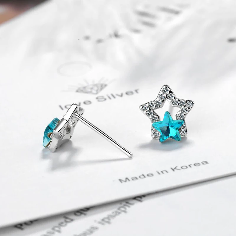 

KOFSAC 2019 Trendy 925 Sterling Silver Earrings For Women Charm Full Zircon Blue Stars Stud Earring Jewelry Girl Birthday Gifts