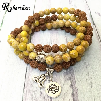 

Ruberthen New Design Yellow Regalite 108 Mala Bracelet Women`s Yoga Lotus Bracelet High Quality Rudraksha Energy Jewelry