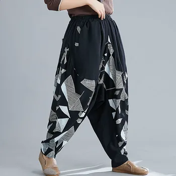 

Plus Size Spring Autumn Women Pants Trousers Pantalones Oversize Vintage Cotton Spliced Print Black Female Harem Pants LP496