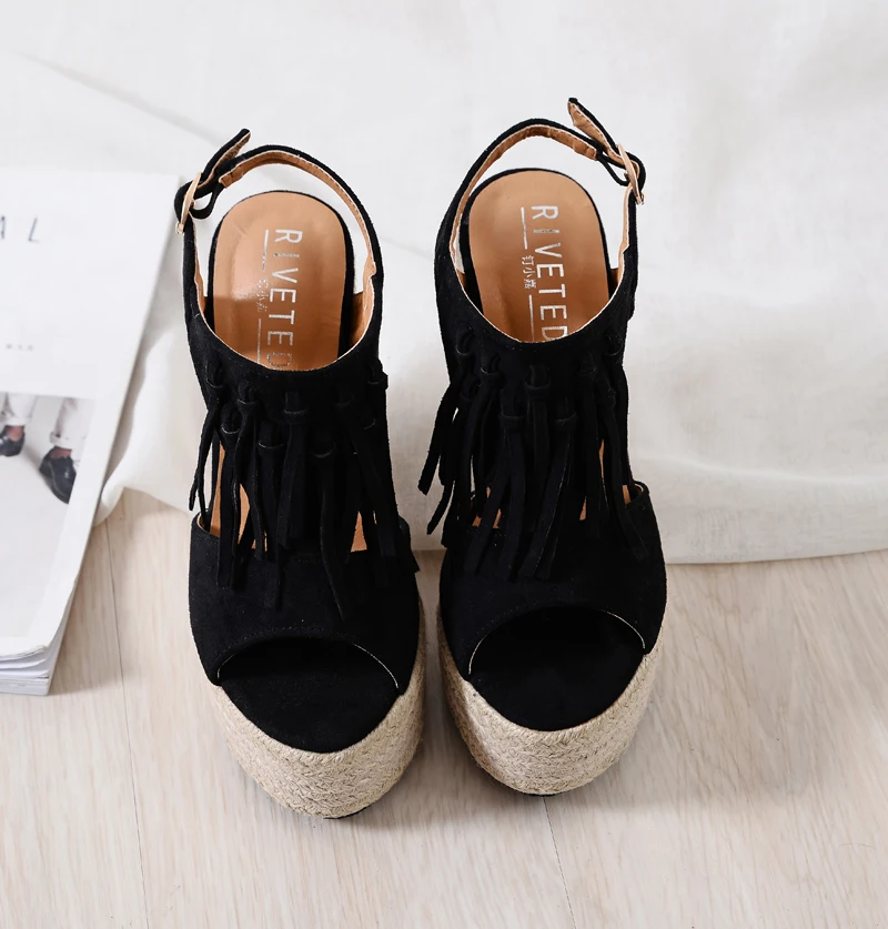 new ultra high heel wedge sandals waterproof platform muffin thick bottom Roman tassel women's sandals small size shoes 32